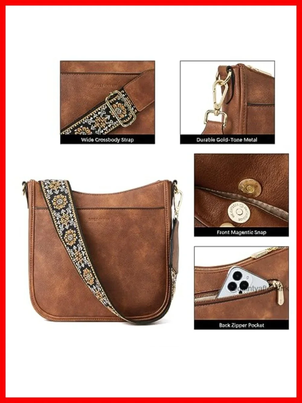 Vegan Leather Crossbody Bag with Wide Strap Hobo Purse